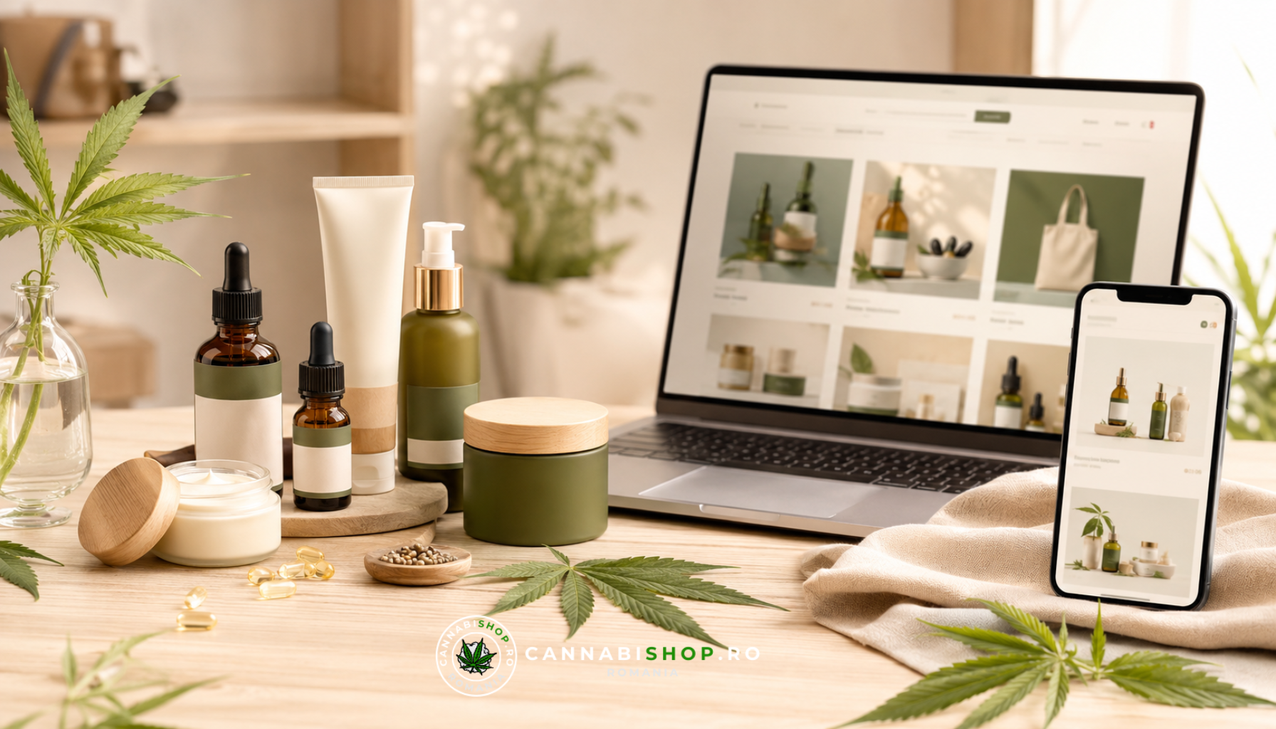 Cum verifici un magazin CBD înainte să comanzi online 1 Produse CBD și cânepă prezentate într-un decor premium de ecommerce wellness, lângă laptop și telefon pentru cumpărături online informate.